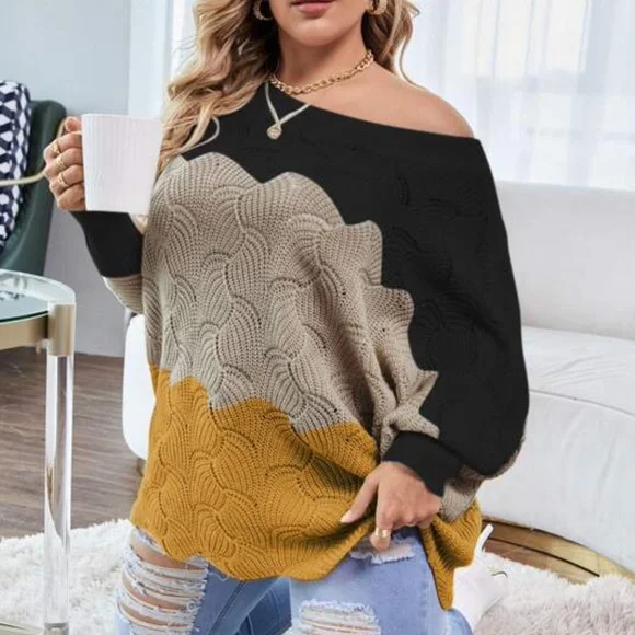 Plus Color Block Off shoulder Knit Sweater Top - Picture 1 of 5